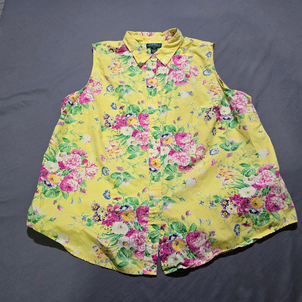 Lauren Ralph Lauren Sleeveless Top Womens 3X Yellow Floral Cotton Button Down